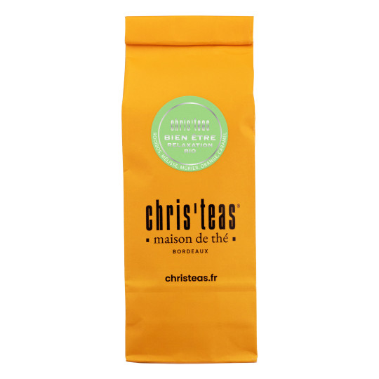 Pochette de 100g de l'assemblage en vrac de Bien-Être Relaxation, un rooïbos à la saveur de caramel