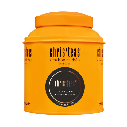 Boite Chris'teas de 125g du thé noir "Lapsang Souchong", un thé noir fumé intense