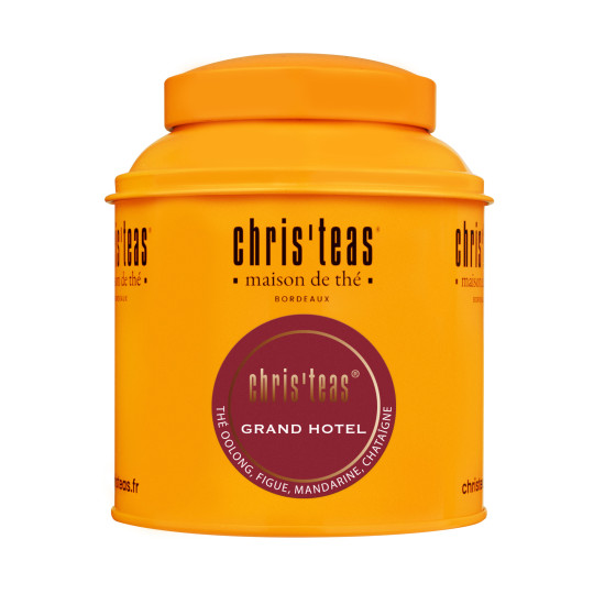 Boite Chris'teas 125g du thé Grand Hôtel, un thé noir à la figue, mandarine et châtaigne