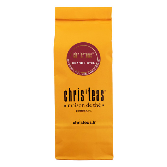 Pochette 100g du thé Grand Hôtel, un thé noir à la figue, mandarine et châtaigne