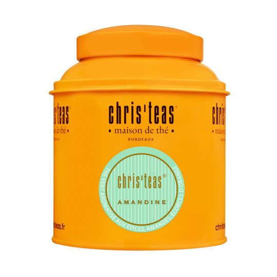 Boite Chris'teas 125g du thé en vrac Amandine, un thé vert à l'amande