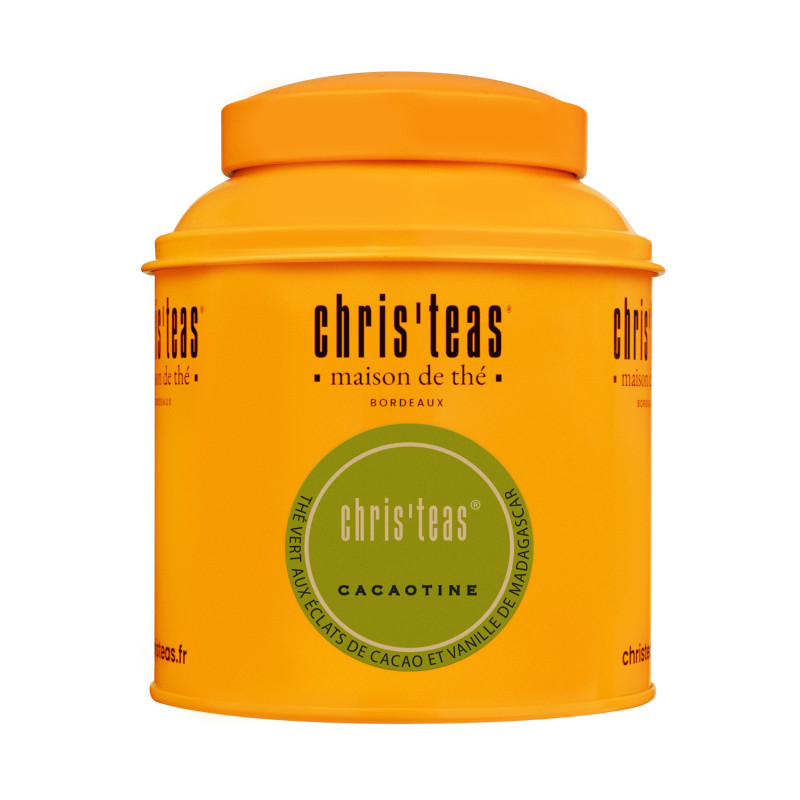 Boîte Chris'Teas garnie de 125g de thé en vrac Cacaotine , thé vert à  la vanille  et fève de cacao