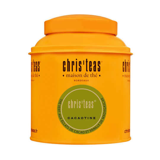 Boîte Chris'Teas garnie de 125g de thé en vrac Cacaotine , thé vert à  la vanille  et fève de cacao