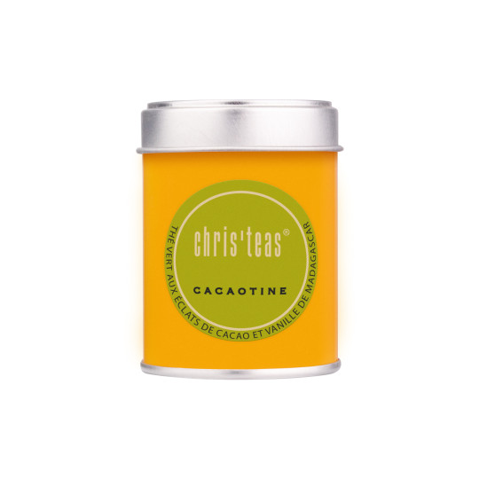 Boîte MINI Chris'Teas garnie de 30g de thé en vrac Cacaotine , thé vert à  la vanille  et fève de cacao
