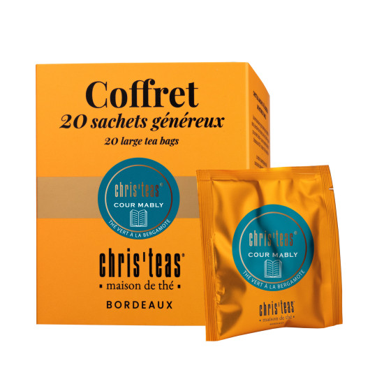 Coffret 20 sachets généreux du thé Cour Mably, un thé vert à la bergamote et fleurs de bleuets