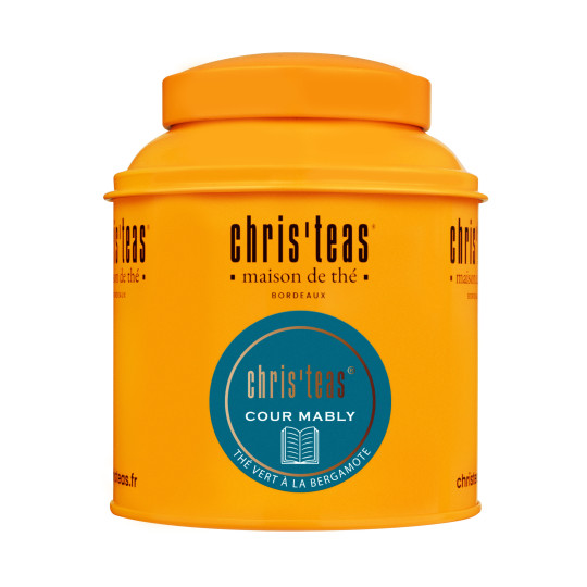 Boite Chris'teas 125g du thé Cour Mably, un thé vert à la bergamote et fleurs de bleuets