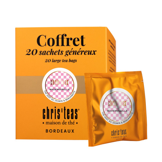 Coffret 20 sachets généreux du thé "Mademoiselle", un thé vert au jasmin et à la bergamote