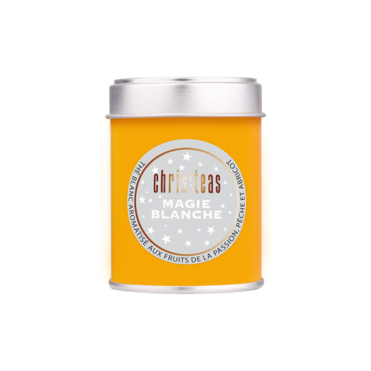 Boite découverte de 25g du thé "Magie Blanche", un thé blanc au fruit de la passion, pêche et abricot