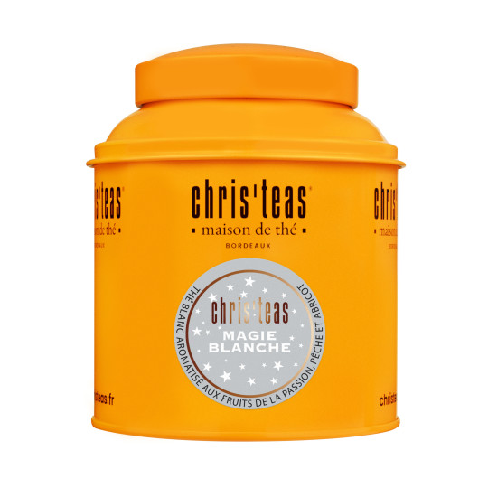 Boite Chris'teas 100g du thé "Magie Blanche", un thé blanc au fruit de la passion, pêche et abricot