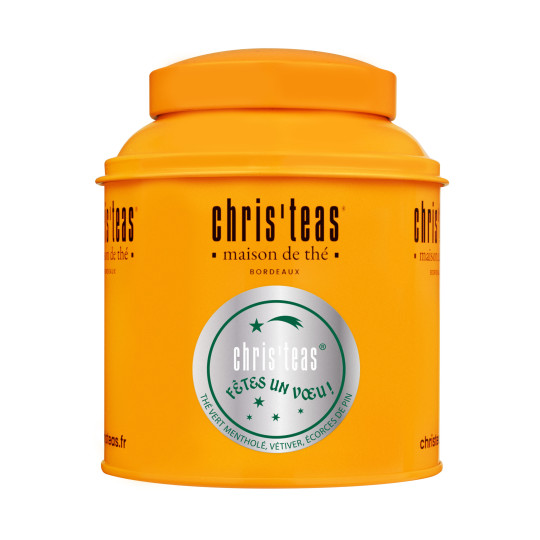 Boite Chris'teas de 125g du thé en vrac "Fêtes un voeu", un thé vert mentholé, vétiver et écorces de pin