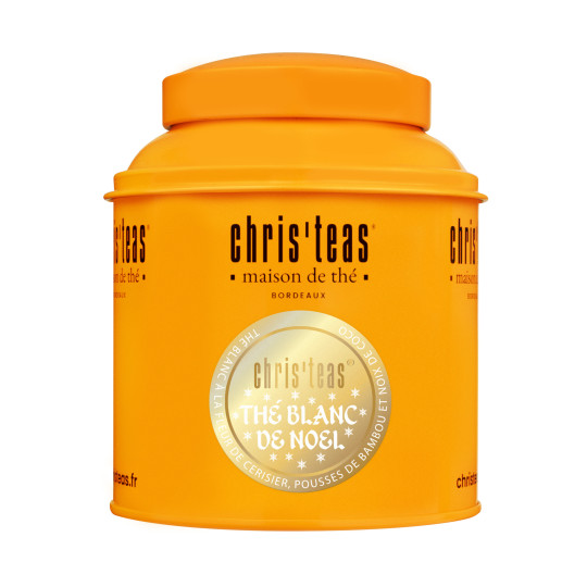 Boite Chris'teas 100g du thé blanc de Noël, un thé à la fleur de cerisier, coco et pousse de bambou