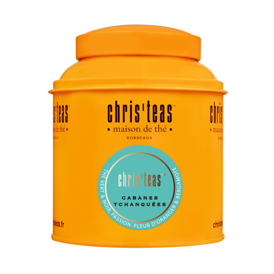 Boite Chris'teas 125 g du thé en vrac "Cabanes Tchanquées" : un thé vert à la fleur d'oranger et au jasmin
