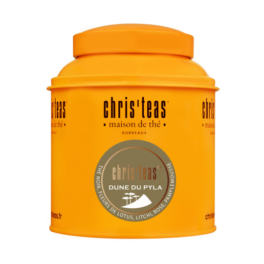 Boite Chris'teas de 125g du thé en vrac Dune du Pyla, un thé noir, lotus, litchi, rose, pamplemousse : régalade assurée !