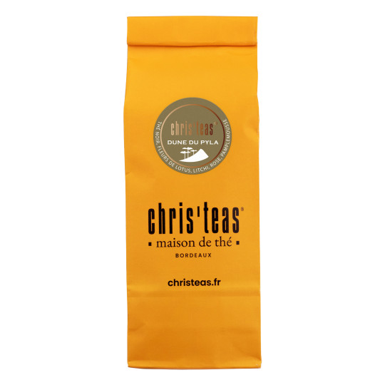 Pochette 100g du thé en vrac Dune du Pyla, un thé noir, lotus, litchi, rose, pamplemousse : régalade assurée !