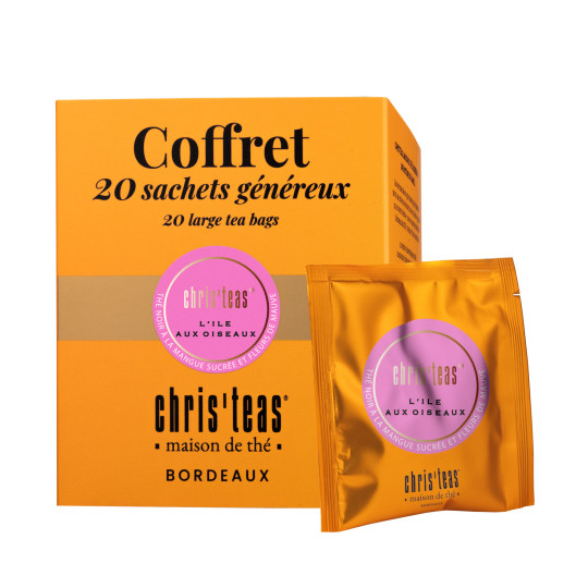 Coffret 20 sachets généreux de l'assemblage du thé l'Ile aux Oiseaux : thé noir à la mangue et fleurs de mauve