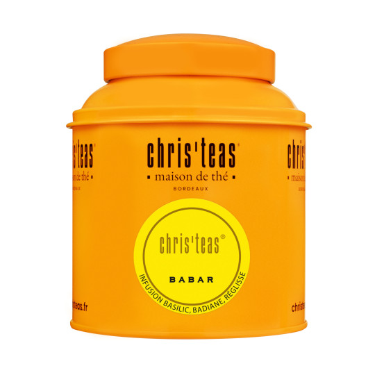 Boite Chris'teas de 125g du thé en vrac Babar, une infusion basilic, badiane et réglisse