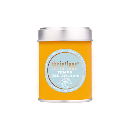 Boite découverte 25g de la tisane "Temps des Amours", une tisane à la fleur de mûrier, menthe, citron