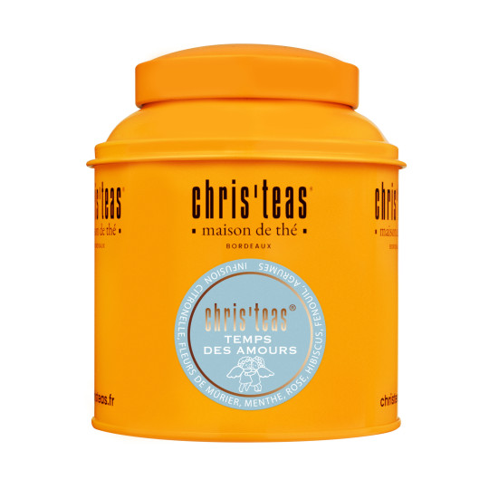 Boite Chris'teas 125g de la tisane "Temps des Amours", une tisane à la fleur de mûrier, menthe, citron