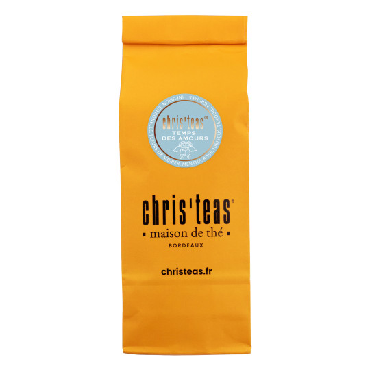 Pochette 100g de la tisane "Temps des Amours", une tisane à la fleur de mûrier, menthe, citron