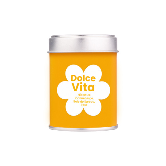 Boite découverte 25g de l'assemblage de l'eau de fruit Dolce Vita. Aromatisée à l'hibiscus