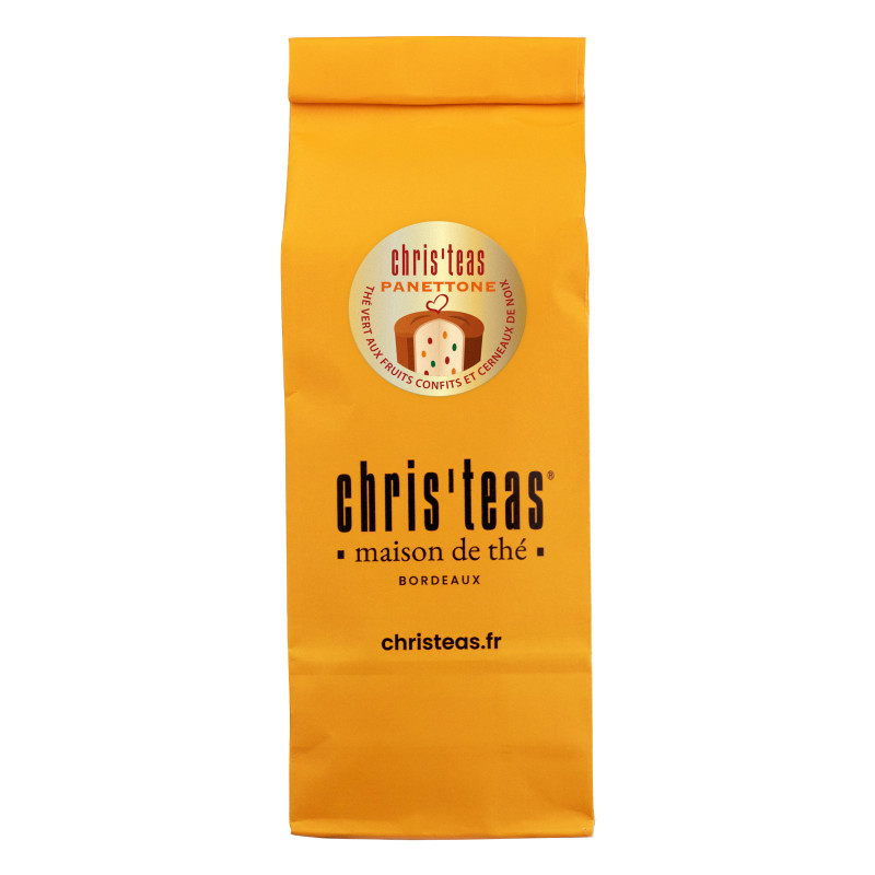 Pochette 100g du thé "Panettone", un thé vert aux fruits confits, nougatine et noix