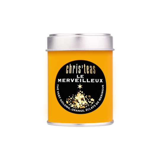 Boite découverte de 25g du thé en vrac "Le Merveilleux", un thé vert oolong aux oranges caramélisées, éclat de meringue