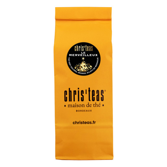 Pochette 100g du thé en vrac "Le Merveilleux", un thé vert oolong aux oranges caramélisées, éclat de meringue