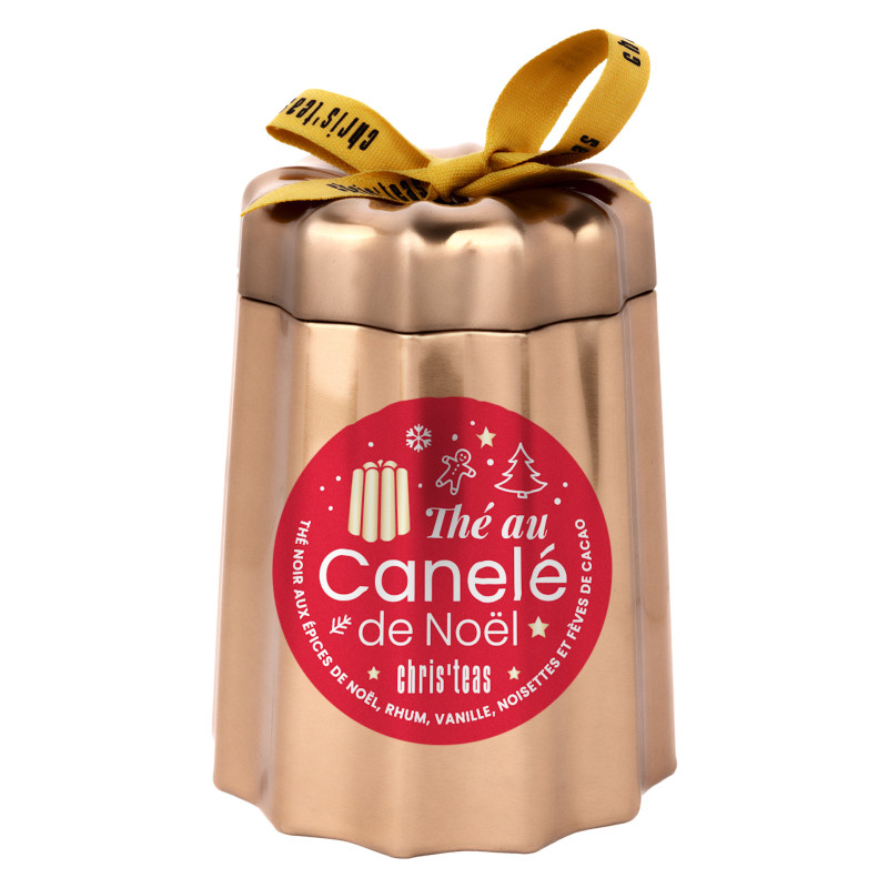 Boîte cuivre garnie de thé noir au canelé de Noël Chris'Teas, en forme de moule à canelé