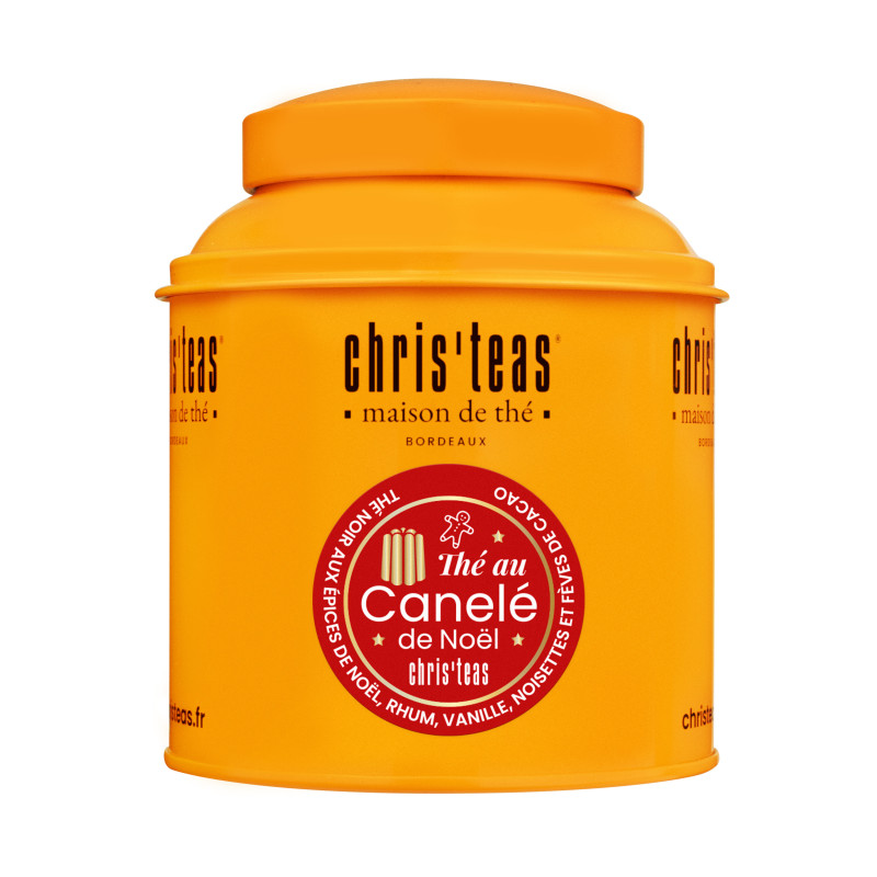 Boîte Chris'Teas garnie de 180g de thé noir au canelé de Noël