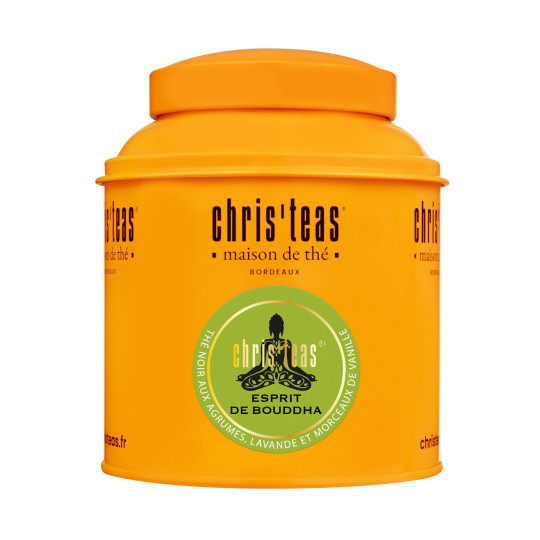 Boite Chris'teas 125g du thé en vrac Esprit de Bouddha, un thé noir aux fleurs de jasmin, lavande, vanille et agrumes