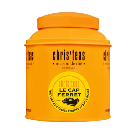 Boite Chris'teas 125g du thé en vrac Le Cap Ferret, un thé vert aux fruits rouges et baies roses