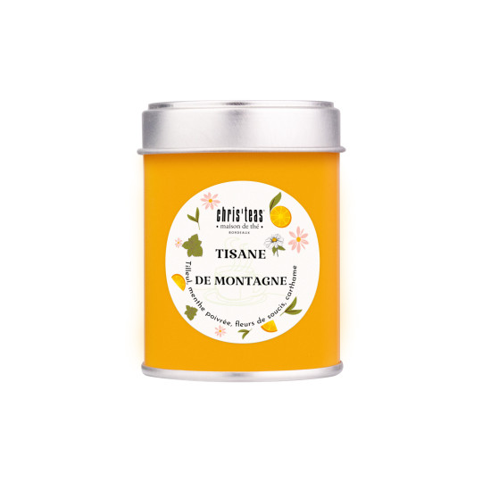 Boite découverte de 25g en vrac de la tisane de montagne, une tisane au tilleul