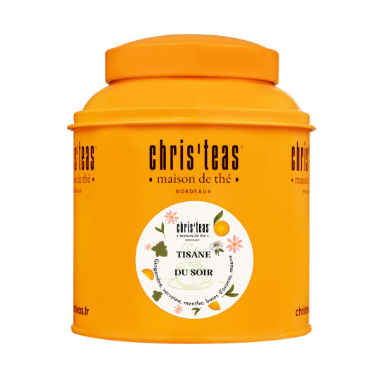 Boite Chris'teas 125g - tisane du soir : gingembre confit, verveine, menthe, mauve
