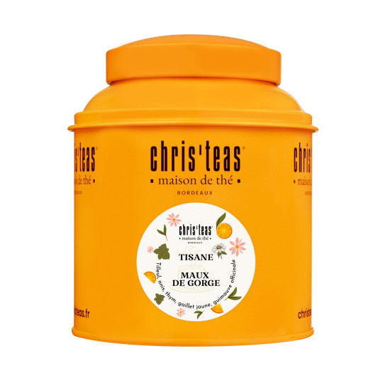 Boite Chris'teas 125g de la tisane "Maux de Gorge", une tisane au tilleul, anis, thym