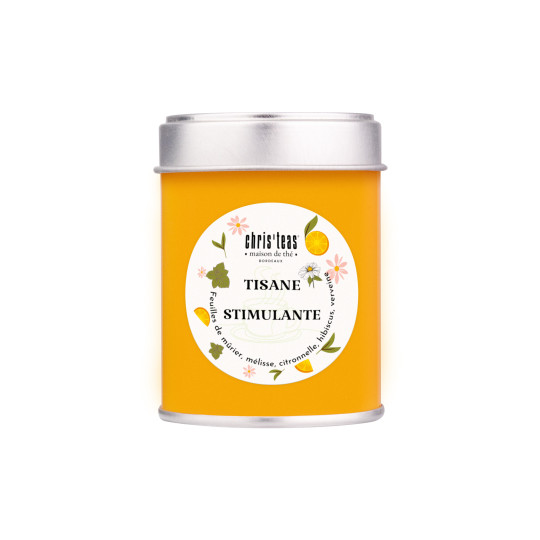 Boite découverte 25g de "Tisane stimulante", une tisane aux feuilles de mûrier, mélisse et hibiscus