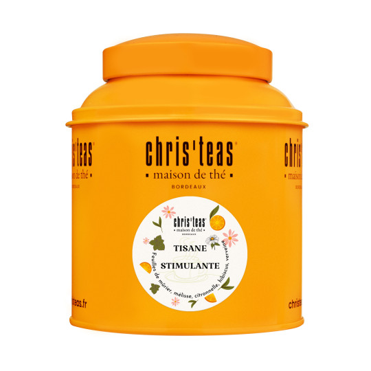 Boite Chris'teas 125g de "Tisane stimulante", une tisane aux feuilles de mûrier, mélisse et hibiscus