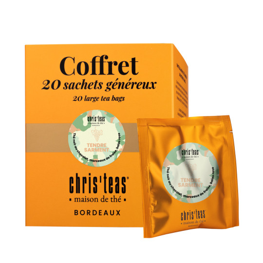 Coffret 20 sachets généreux du thé "Tendre Sarment", un thé noir au chocolat, fraise et baies roses