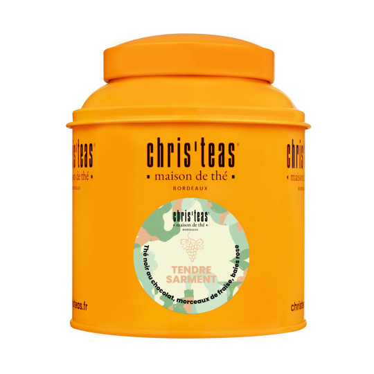 Boite Chris'teas 125g du thé "Tendre Sarment", un thé noir au chocolat, fraise et baies roses