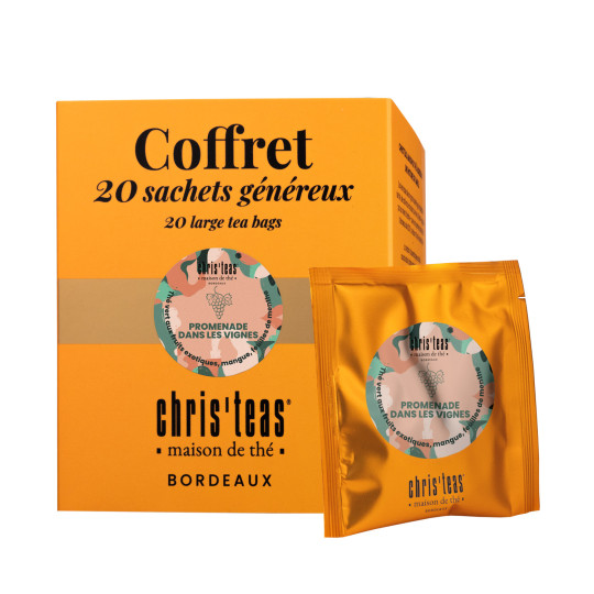 Coffret 20 sachets généreux du thé "Promenade dans les vignes", un thé vert à la menthe et fruits exotiques