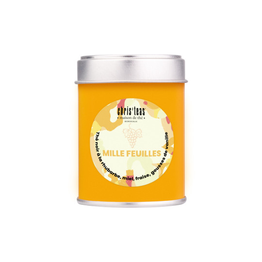 Boite découverte 25g du thé "Milles feuilles", un thé noir à la rhubarbe, miel, fraise et gousse de vanille