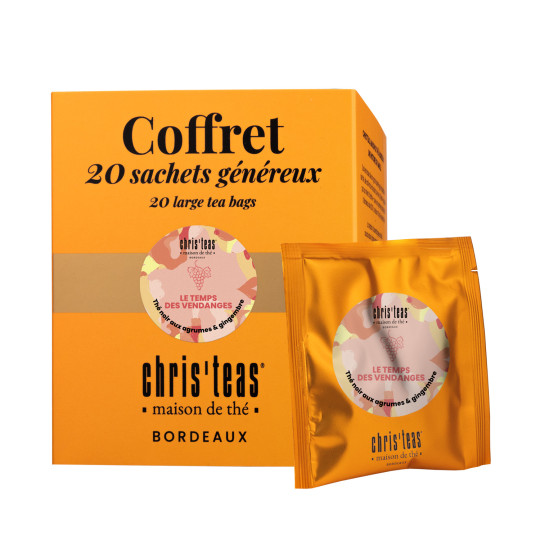 Coffret 20 sachets généreux du thé "Le Temps des Vendanges", un thé noir aux agrumes et gingembre