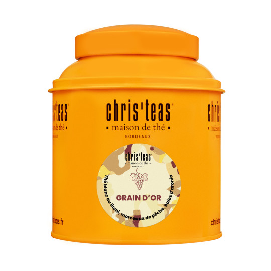 Boite Chris'teas de 125g du thé Grain d'Or, un thé blanc au litchi, morceaux de pêche, et baies d'aronia