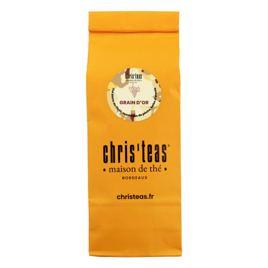 Pochette 100g du thé Grain d'Or, un thé blanc au litchi, morceaux de pêche, et baies d'aronia