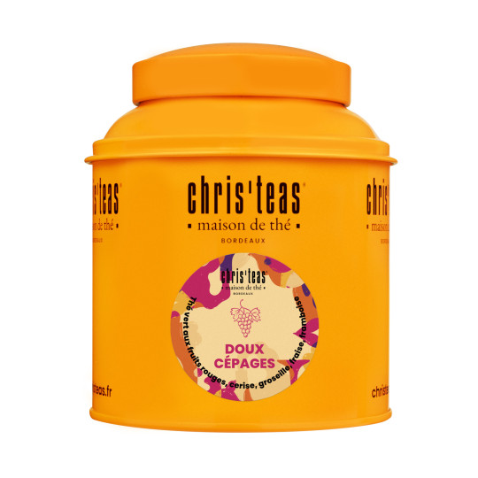 Boite Chris'teas 125g du thé Doux Cépages : un thé vert à la cerise, groseille, framboise et fraises des bois