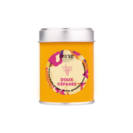 Boite découverte 25g du thé Doux Cépages : un thé vert à la cerise, groseille, framboise et fraises des bois