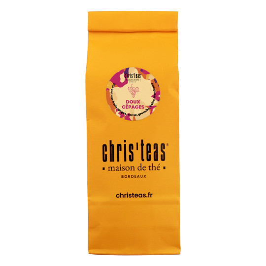 Pochette 100g du thé Doux Cépages : un thé vert à la cerise, groseille, framboise et fraises des bois