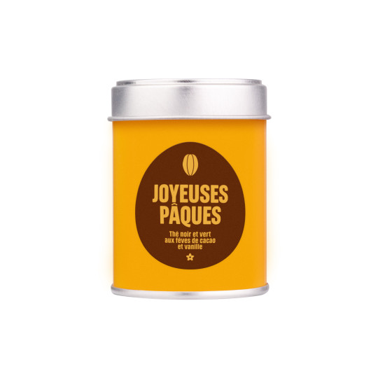 Boite découverte de 25g du thé Joyeuses Pâques, un thé vert et noir au cacao et vanille