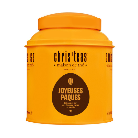 Boite Chris'teas de 125g du thé Joyeuses Pâques, un thé vert et noir au cacao et vanille