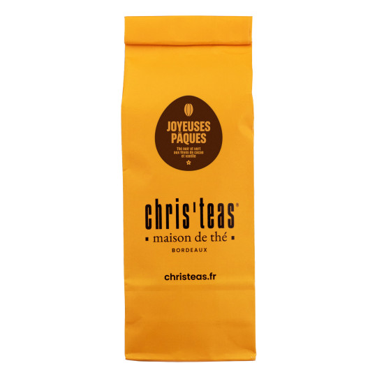 Pochette 100g du thé Joyeuses Pâques, un thé vert et noir au cacao et vanille