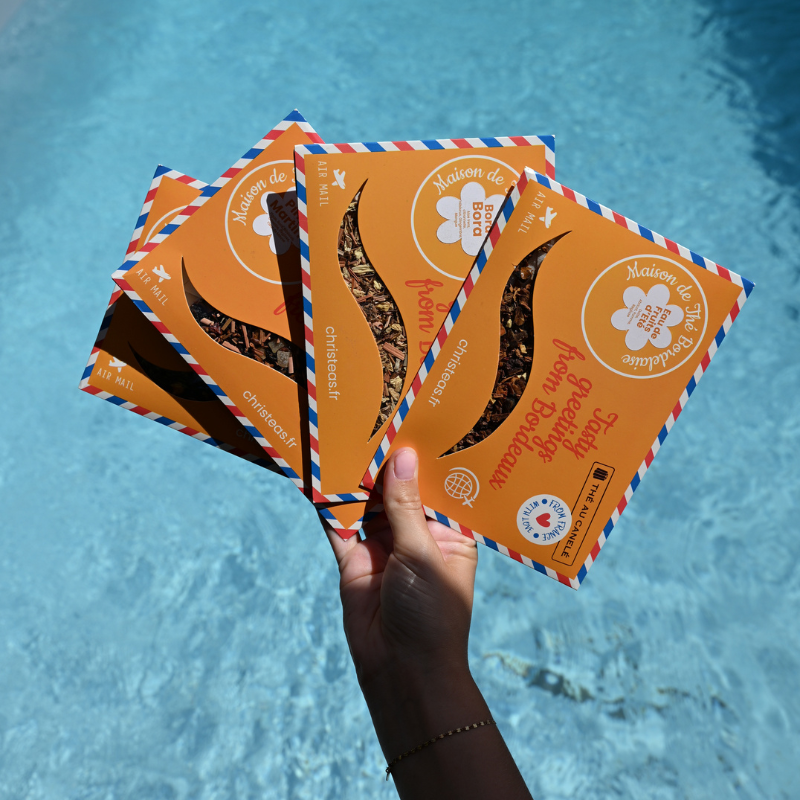 Carte postale prête à pos'thé garnie de thé ou de tisane ou d'une eau de fruits et fleurs Chris'Teas